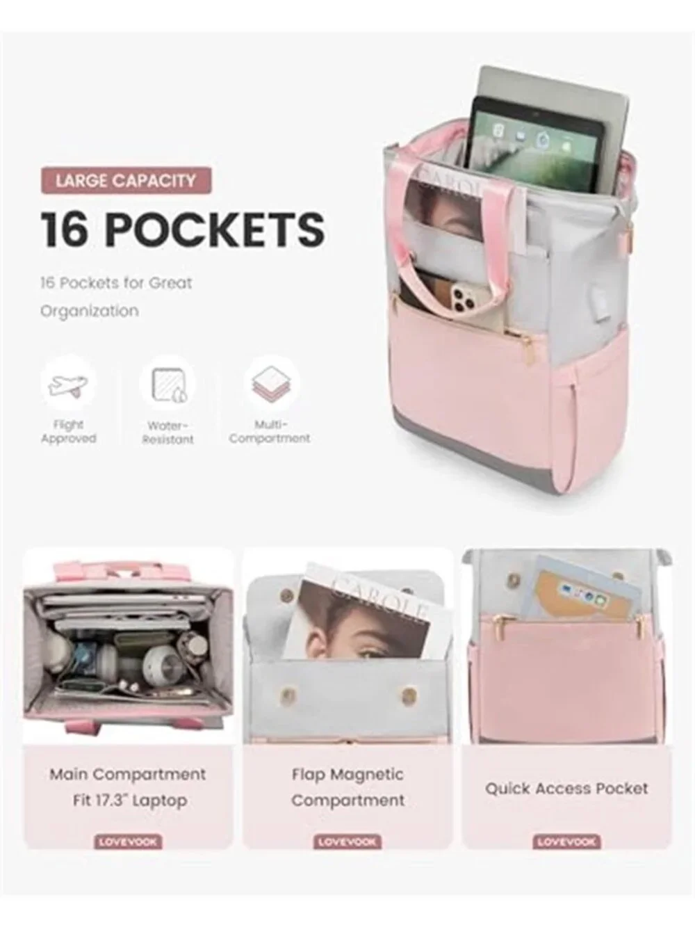 Womens Large Laptop Backpack 17 Inch Travel Work Bag USB Port Grey Pink 2PC